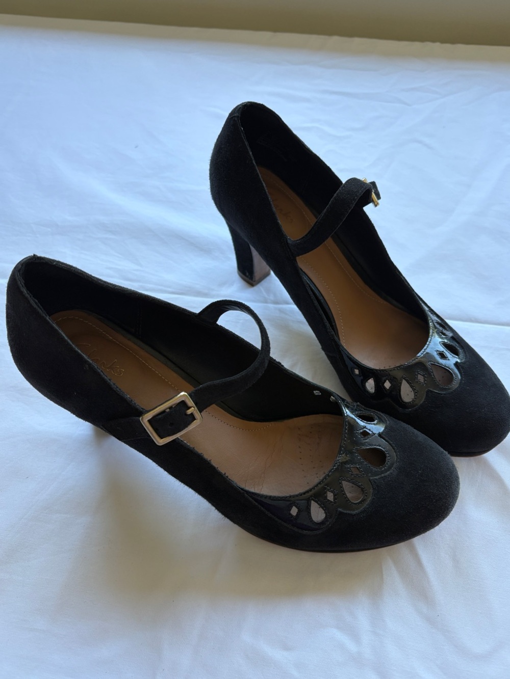 Clarks Suede Chorus Music Black Mary Jane Heels with Decorative Cutouts